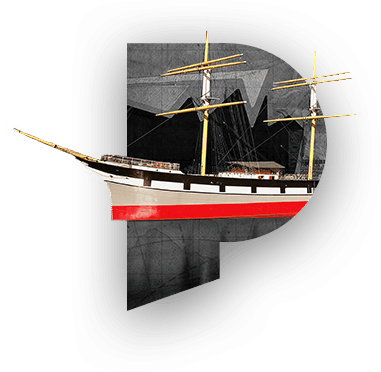 The Tall Ship sailing ship set against a large letter P